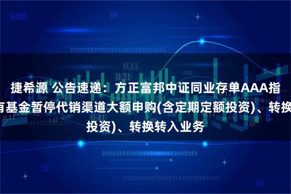 捷希源 公告速递：方正富邦中证同业存单AAA指数7天持有基金暂停代销渠道大额申购(含定期定额投资)、转换转入业务
